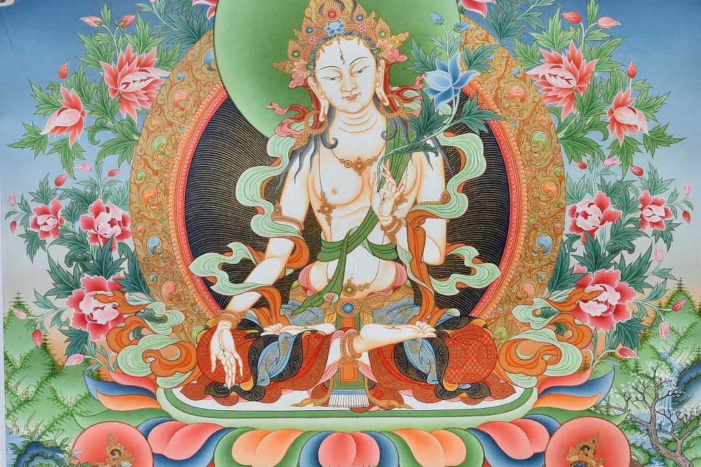 ホワイトターラ 金彩 タンカ 肉筆画 チベット ネパール 仏像 - 絵画 
